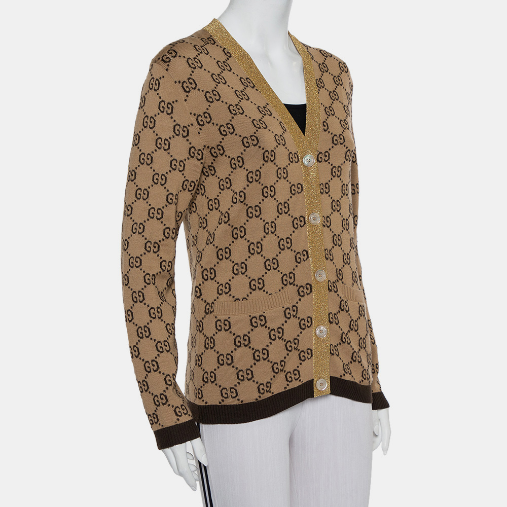 

Gucci Beige Logo Monogram Wool Metallic Trim Detail Button Front Cardigan