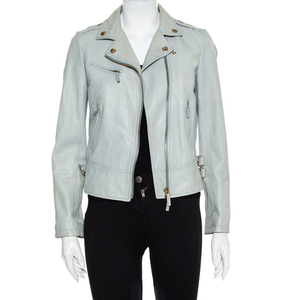 Pre-owned Gucci Mint Green Leather Zip Front Biker Jacket S