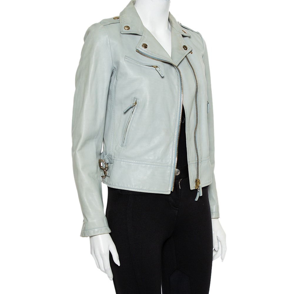 

Gucci Mint Green Leather Zip Front Biker Jacket