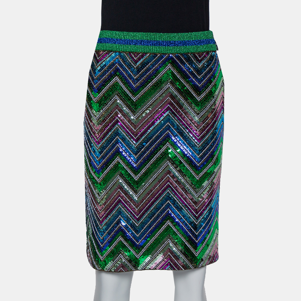 Pre-owned Gucci Multicolor Lurex Knit Chevron Pattern Sequin Embellished Skirt L