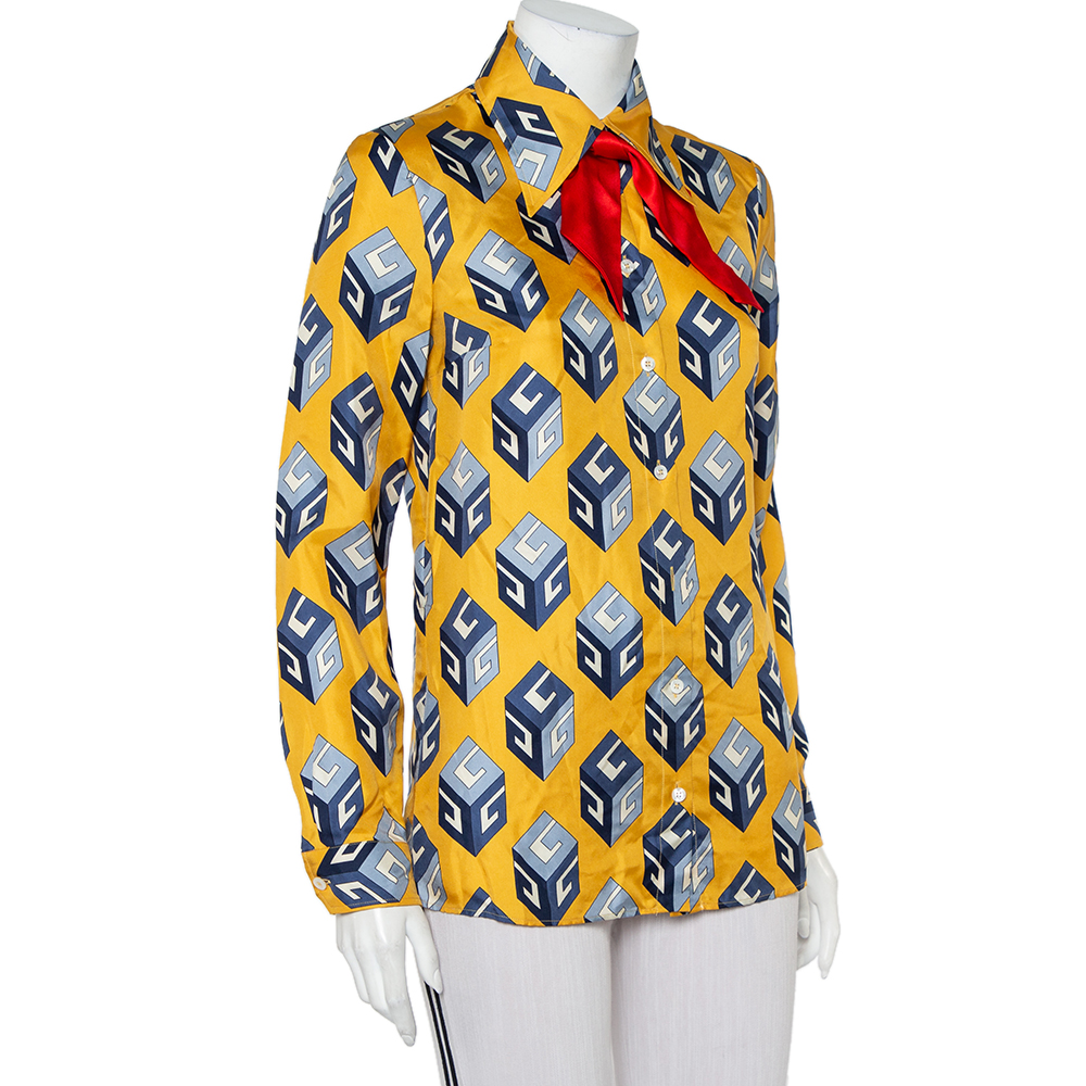 

Gucci Yellow Logo Cube Printed Silk Neck Tie Detail Shirt