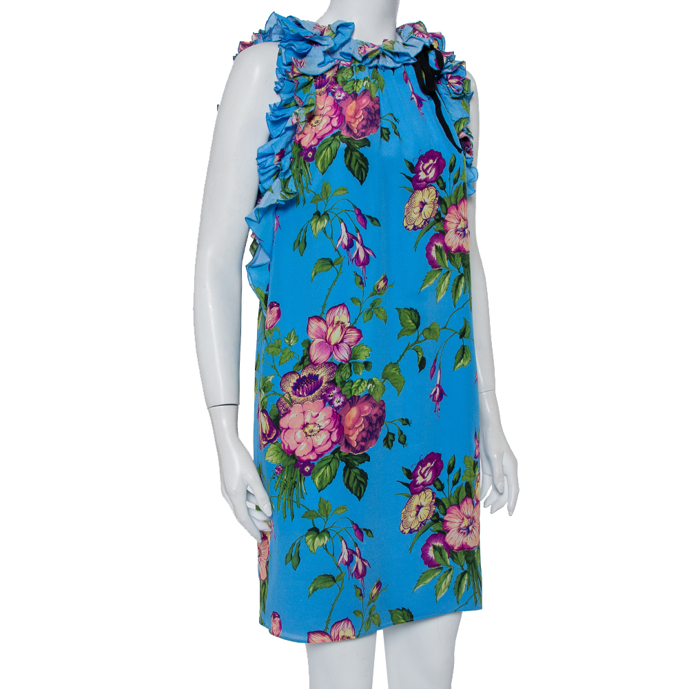 

Gucci Blue Floral Printed Silk Ruffle Detail Tunic