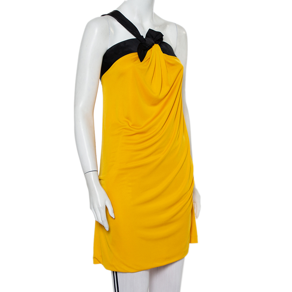 

Gucci Yellow Jersey Contrast Bow Detail One Shoulder Tunic Top