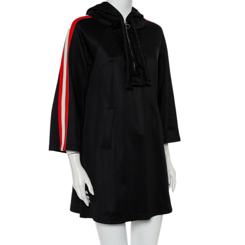 

Gucci Black Jersey Logo tape Detail Ruffled Neck Hooded Oversized Sweater Dress