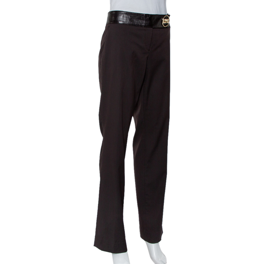 

Gucci Brown Wool & Leather Trim Straight Leg Trousers