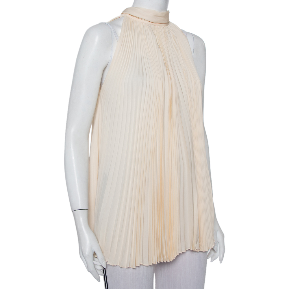 

Gucci Cream Plisse Silk Neck Tie Detail Oversized Sleeveless Top