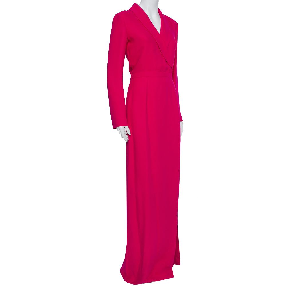 

Gucci Magenta Silk Crepe Slit Detail Faux Wrap Maxi Dress, Pink