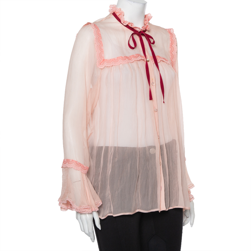 

Gucci Pink Silk Chiffon Lace Trim Neck Tie Button Front Top
