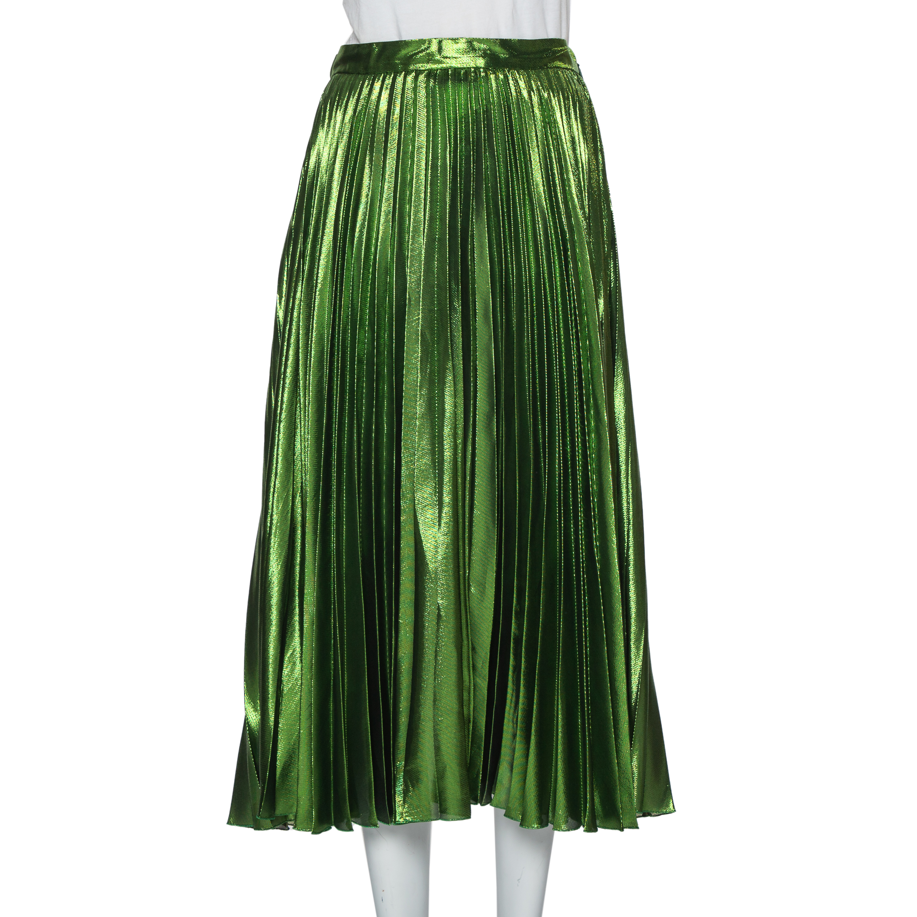 Click to view more detailed imagery on our partner's website Pre-owned Gucci Green Lurex Plisse Silk Midi Skirt M