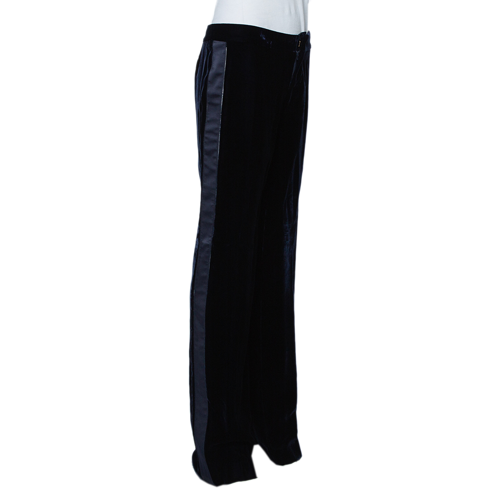 

Gucci Navy Blue Velvet Side Strip Detail Straight Leg Trousers