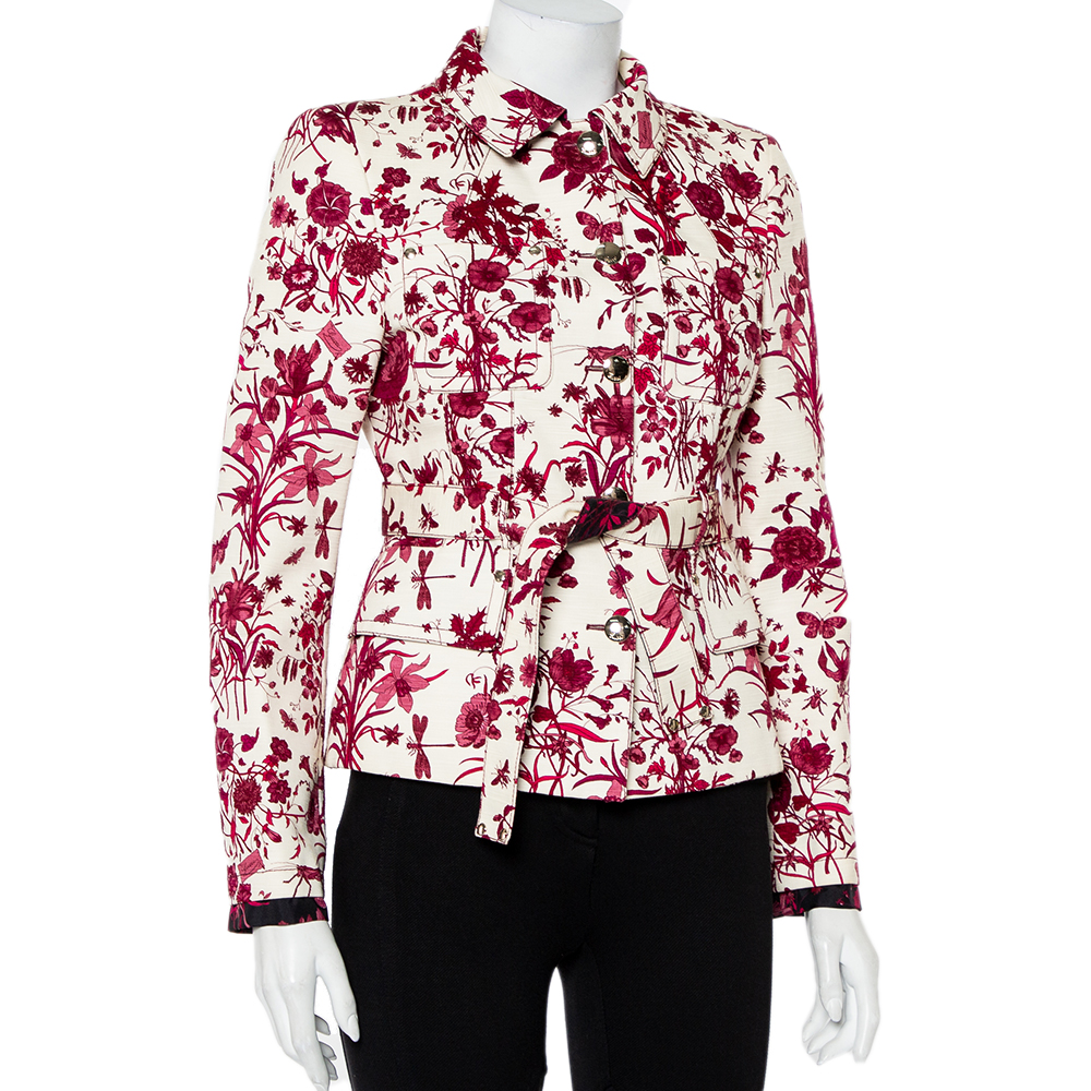 

Gucci Cream Floral Printed Cotton Belted Button Front Jacket