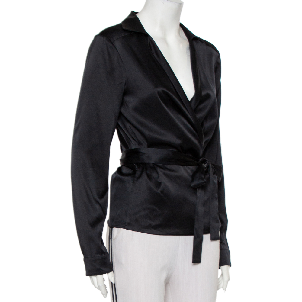 

Gucci Black Silk Satin Collared Wrap Top
