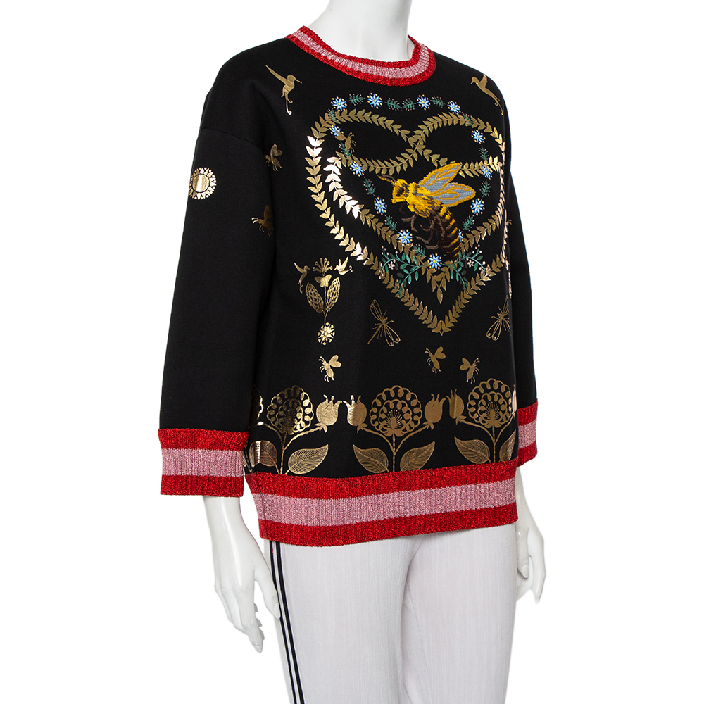 

Gucci Black Jersey Laminated Heart & Applique Bee Contrast Trim Detail Sweatshirt