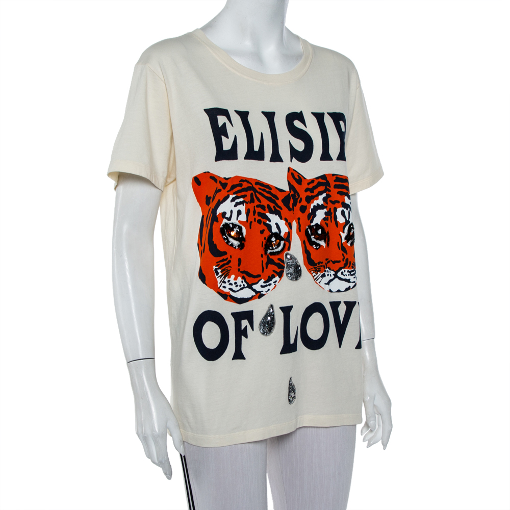 

Gucci Cream Tiger Printed Cotton Embellished Detail Oversized T-Shirt