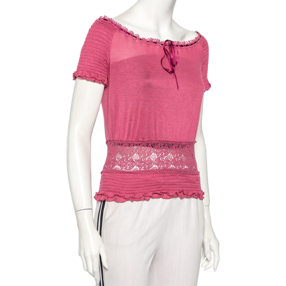 

Gucci Pink Knit & Lace Paneled Ruched Detail Top