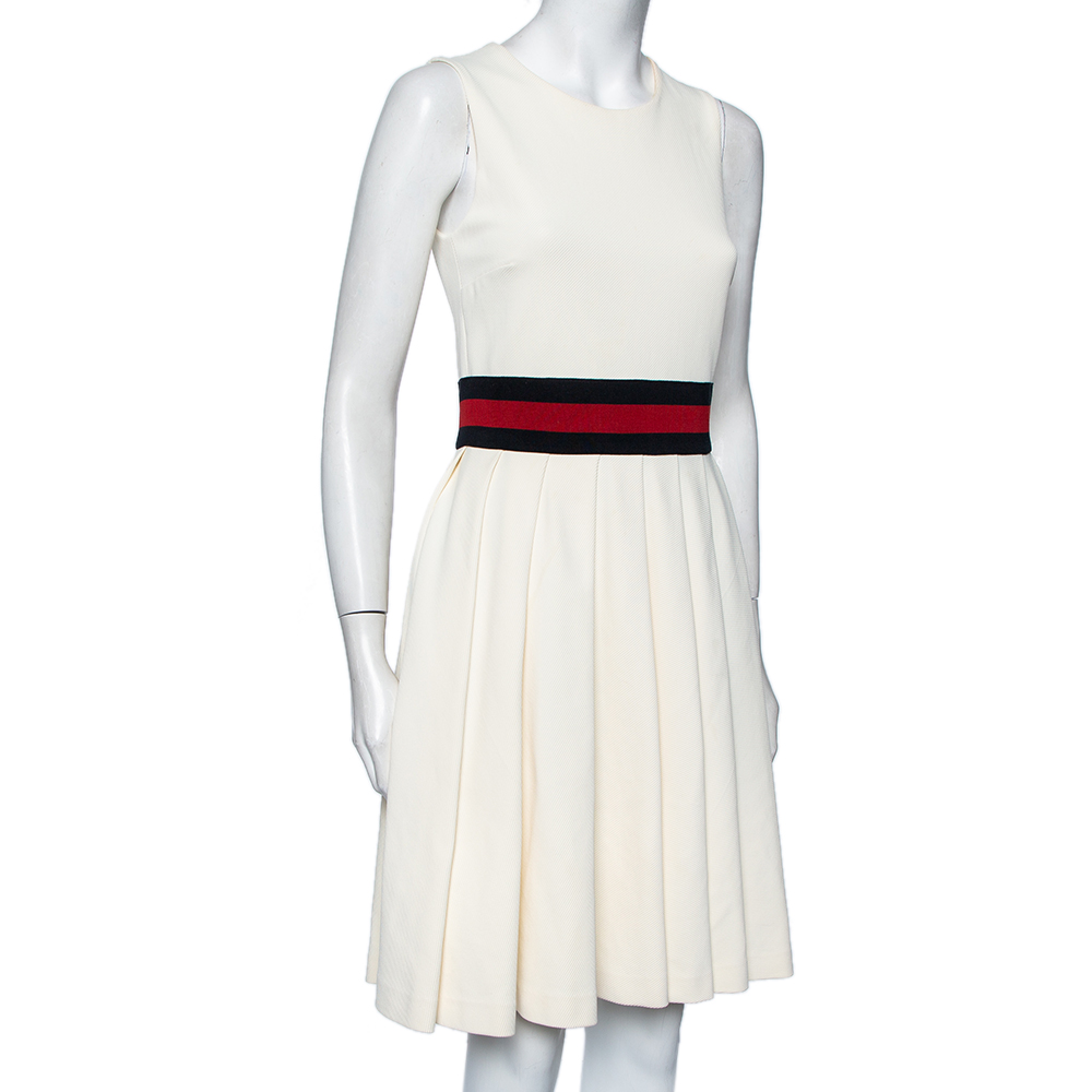 

Gucci Off-White Gabardine Waist Trim Pleated Dress