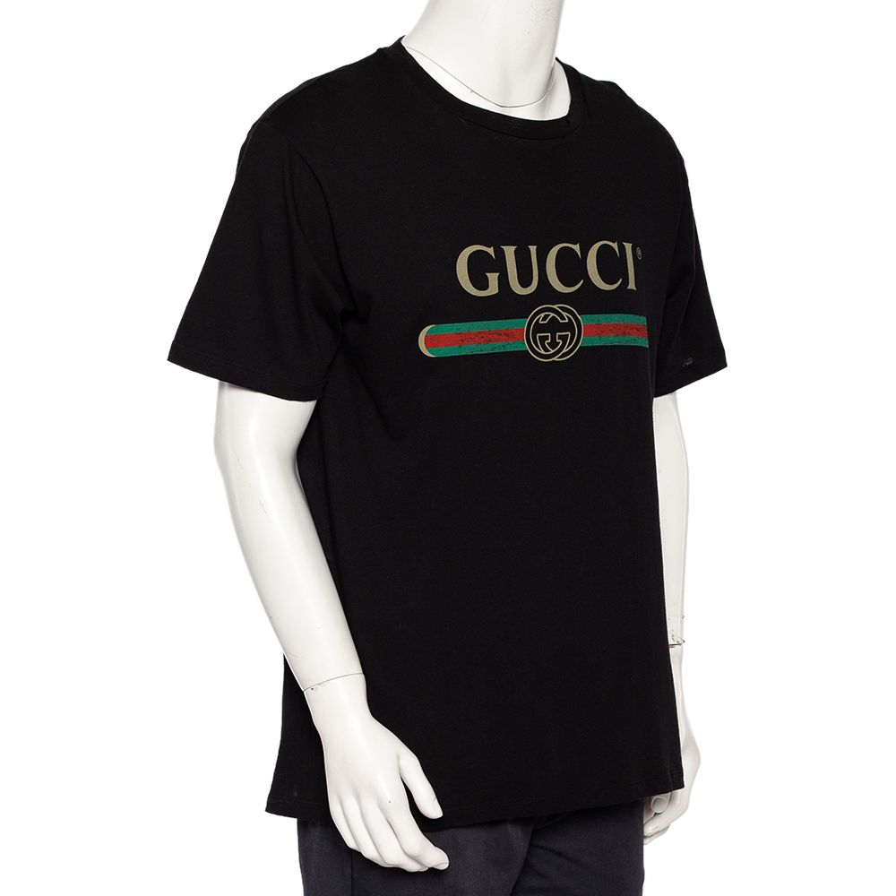 

Gucci Black Logo Printed Cotton Distressed Oversized T-Shirt