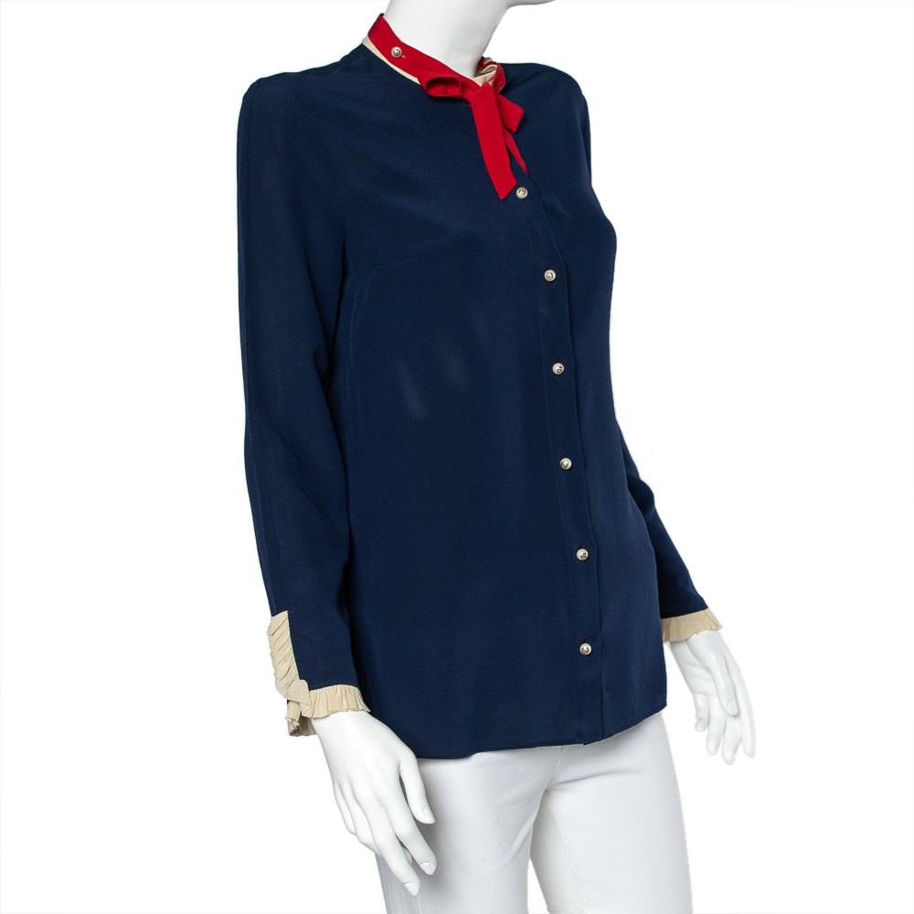 

Gucci Navy Blue Silk Contrast Trim Neck Tie Detail Shirt