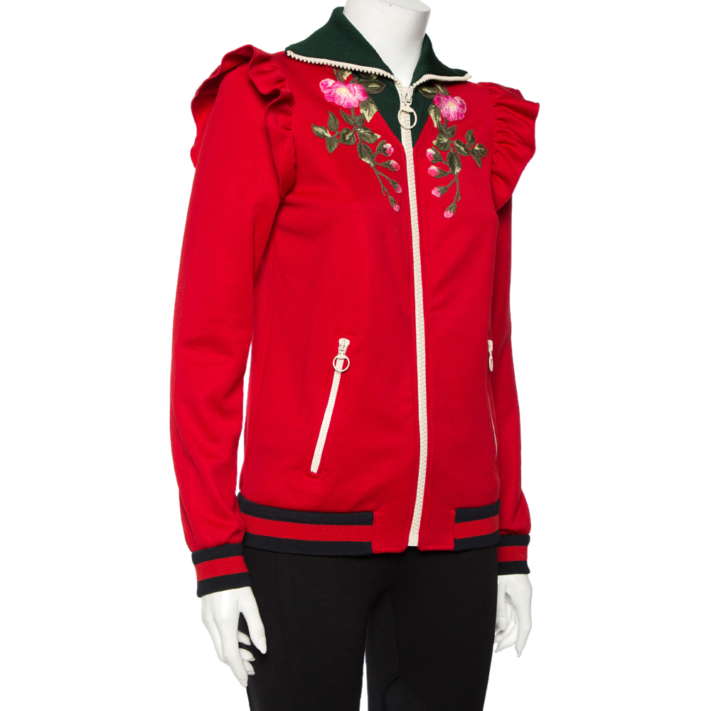 

Gucci Red Jersey Floral Embroidered Technical Jacket