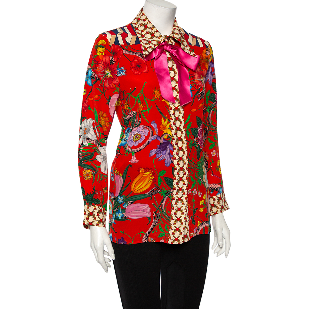 

Gucci Multicolored Floral Printed Pussy-Bow Silk Blouse, Multicolor