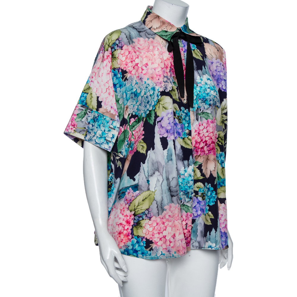 

Gucci Multicolored Hydrangea Print Silk Cape Blouse, Multicolor