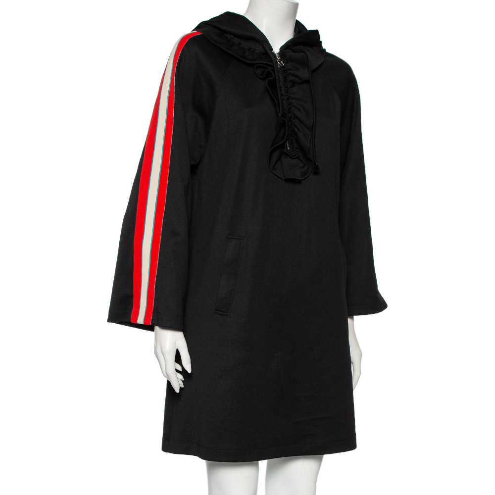 

Gucci Black Jersey Logo Jacquard Striped Sleeve Trim Detail Hooded Dress