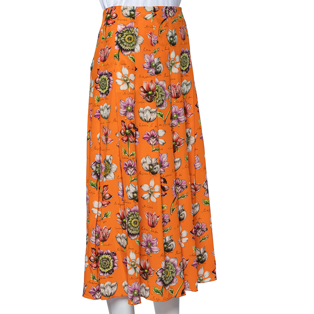 

Gucci Orange Floral Printed Silk Pleated Midi Skirt