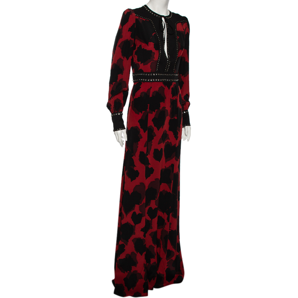 

Gucci Red Leaves Print Embellished Silk Bow Neck Detail Gown