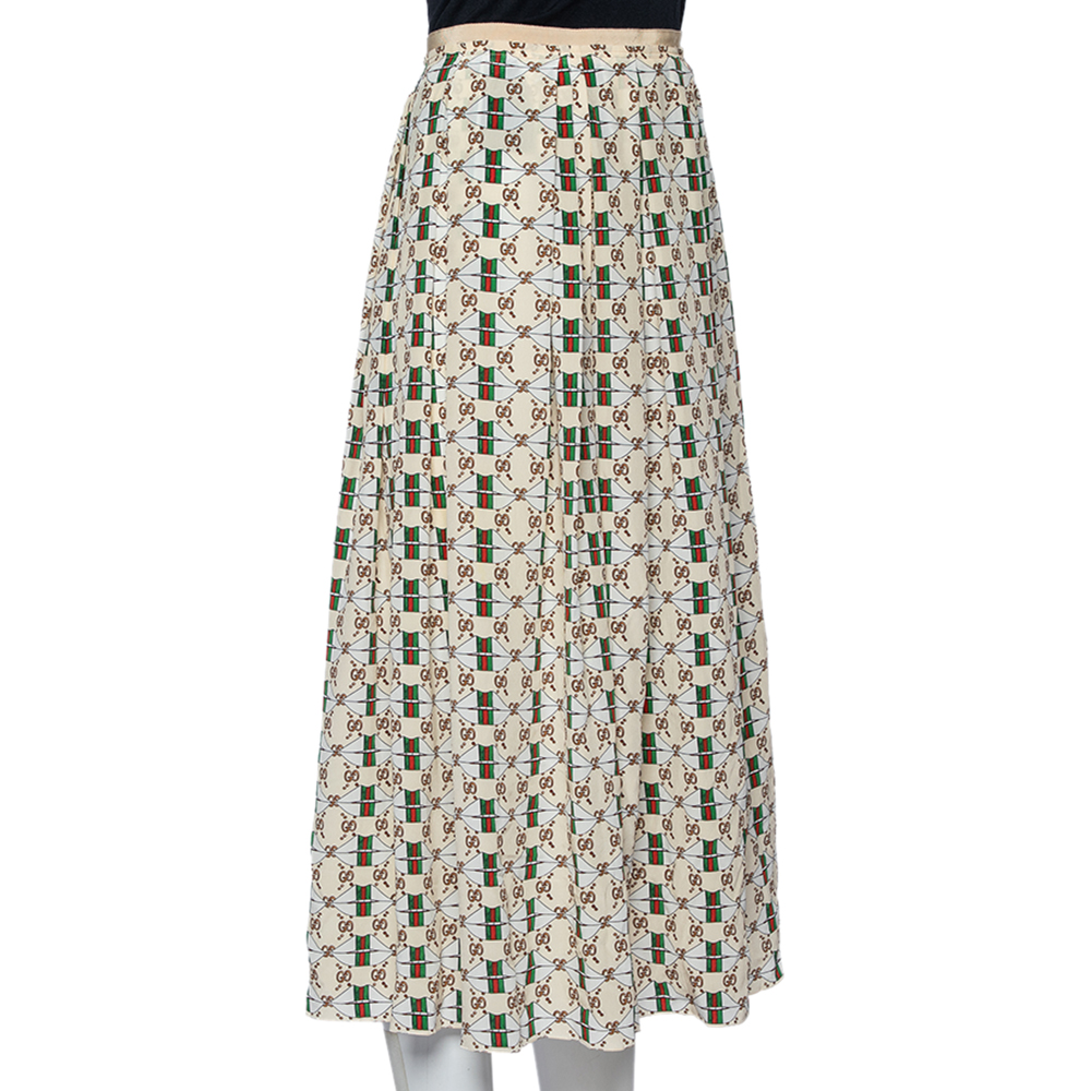 

Gucci Beige Web Kisses & Logo Monogram Printed Silk Pleated Midi Skirt