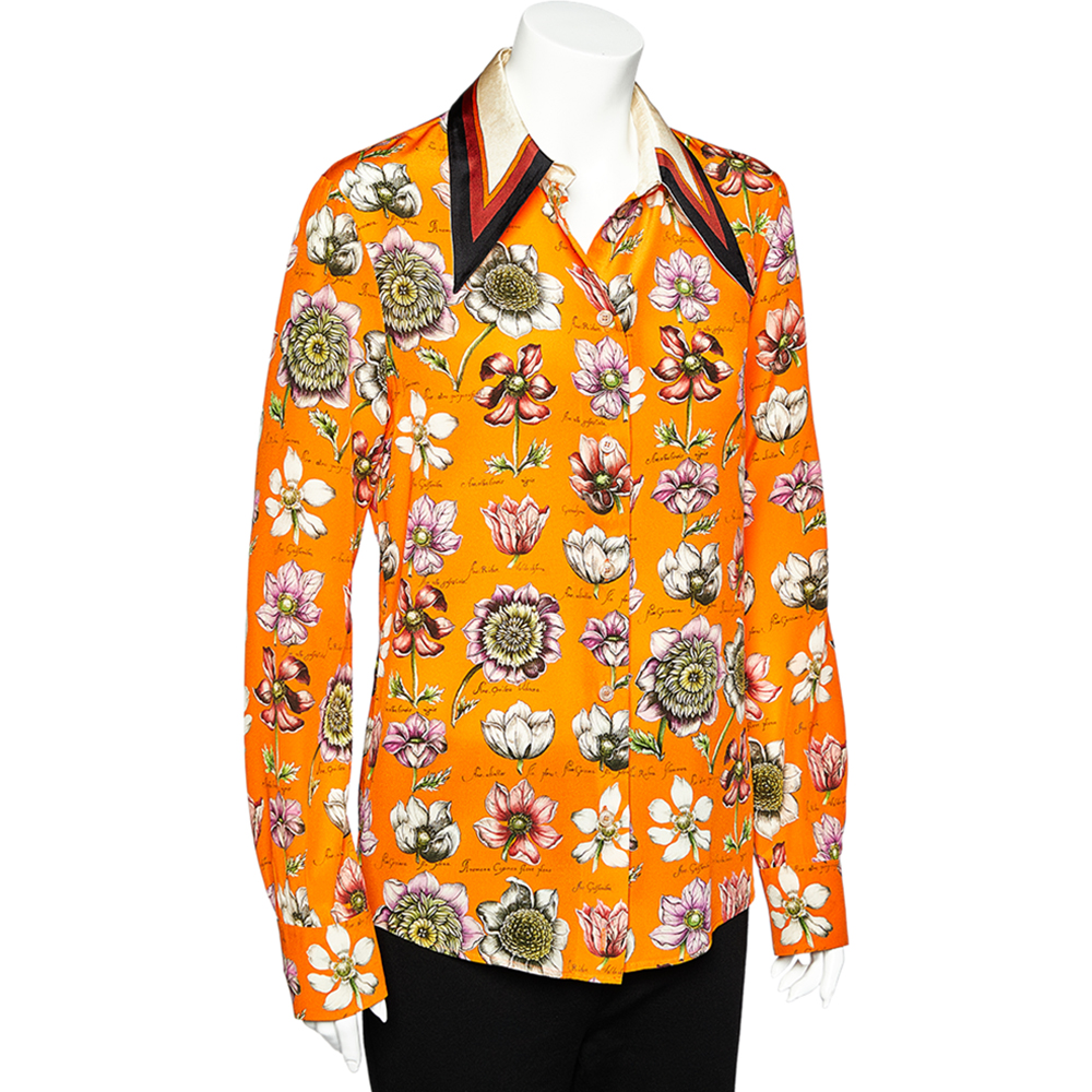 

Gucci Orange Floral Printed Silk Oversized Collar Shirt