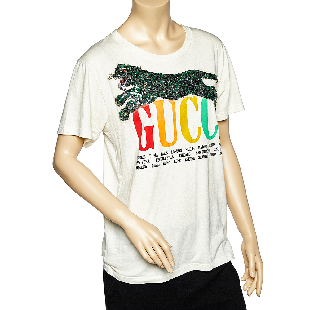 

Gucci Cream Logo Cities Printed Sequined Panther Detail Oversized T-Shirt