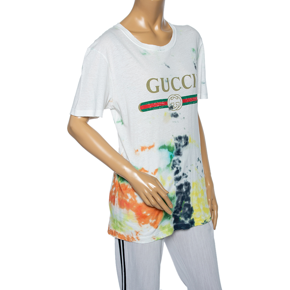 

Gucci White Tie-Dye Cotton Logo Printed Short Sleeve T-Shirt