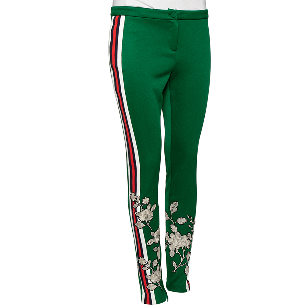 

Gucci Green Jersey Floral Embroidered Web Stripe Trim Detail Pants