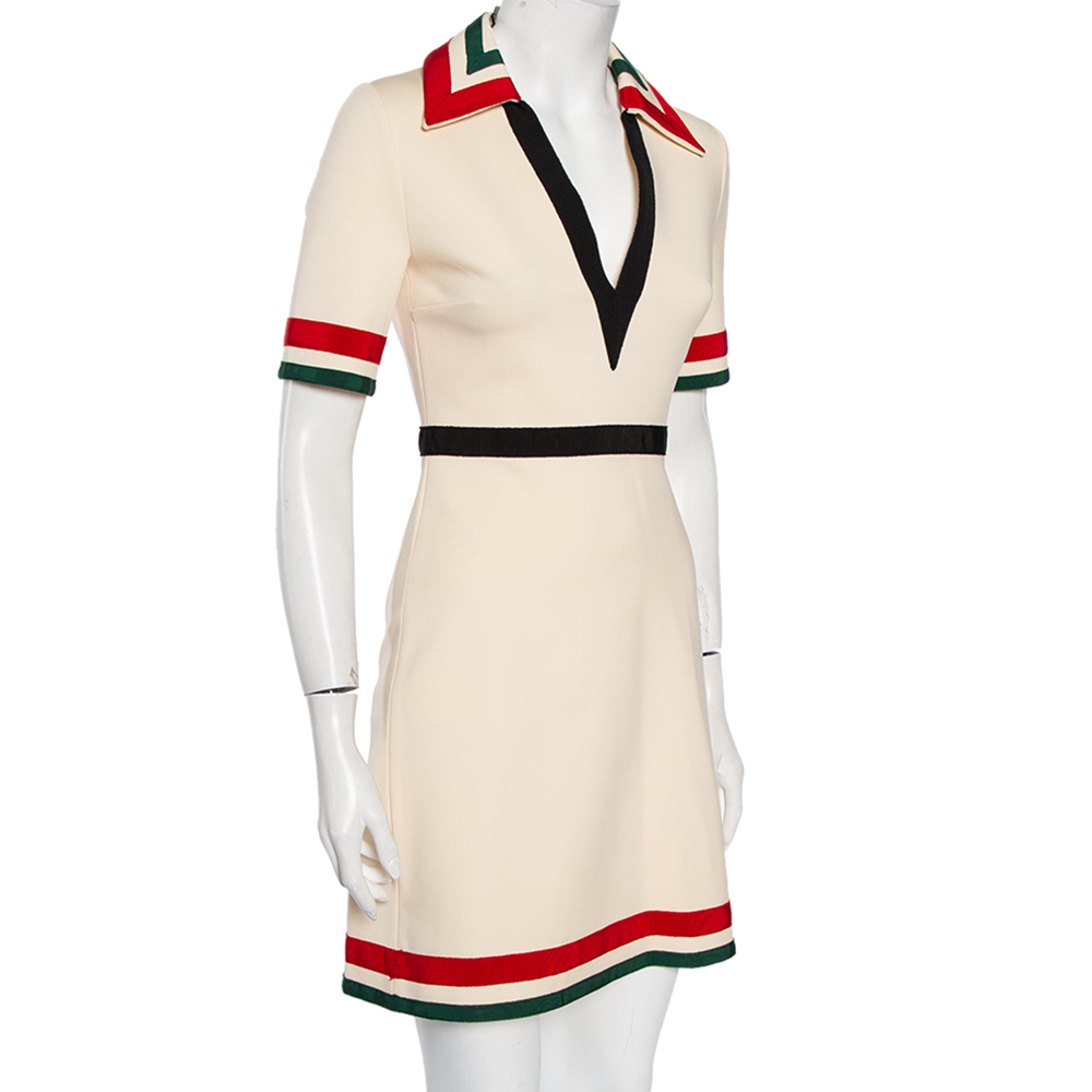 

Gucci Cream Stretch Knit Web Stripe Trimmed V Neck Dress