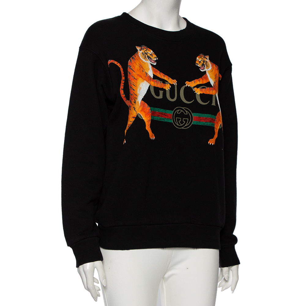 

Gucci Black Printed Cotton Distressed Detailed Crew Neck Sweatshirt