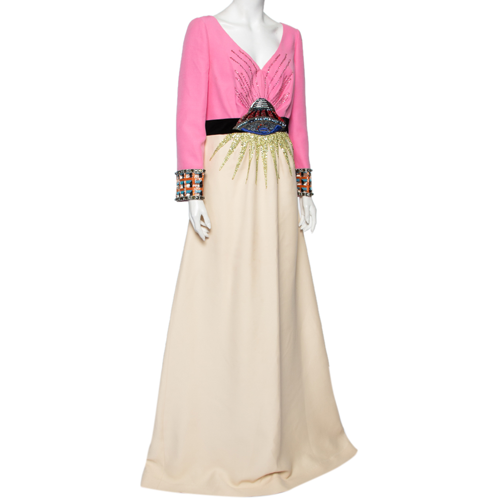 

Gucci Pink-Cream UFO Embellished Wool And Silk Long Sleeve Evening Gown