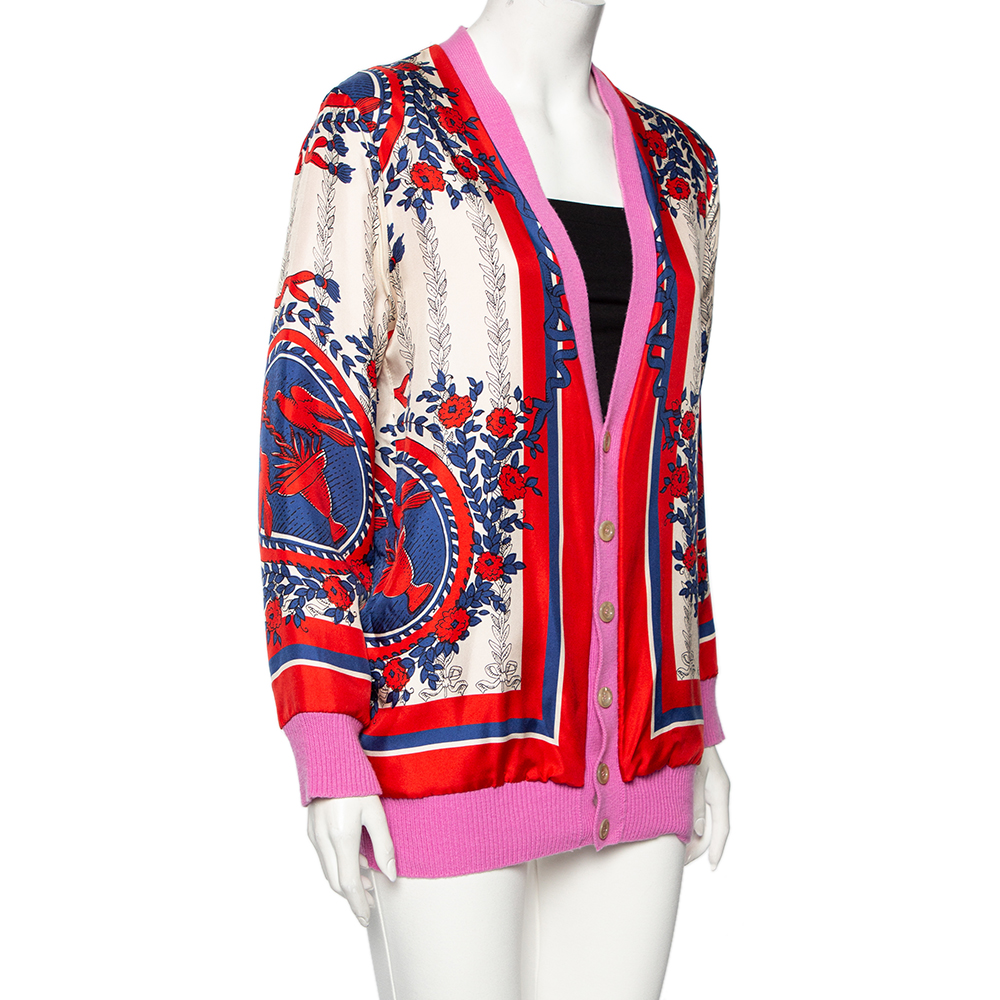 

Gucci Multicolored Printed Silk And Wool Knit Button Front Bomber Cardigan, Multicolor