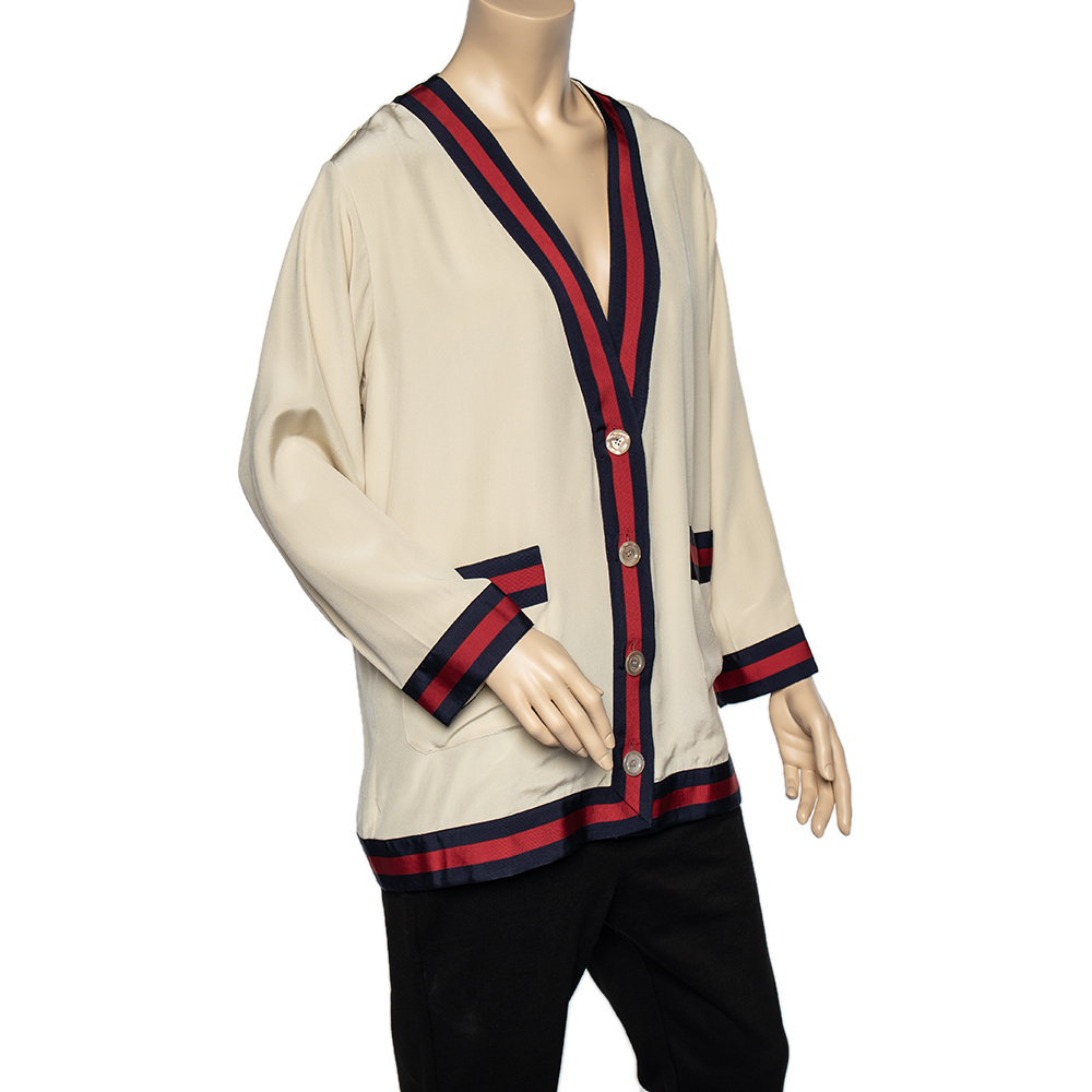 

Gucci Cream Silk Web Stripe Button Front Cardigan