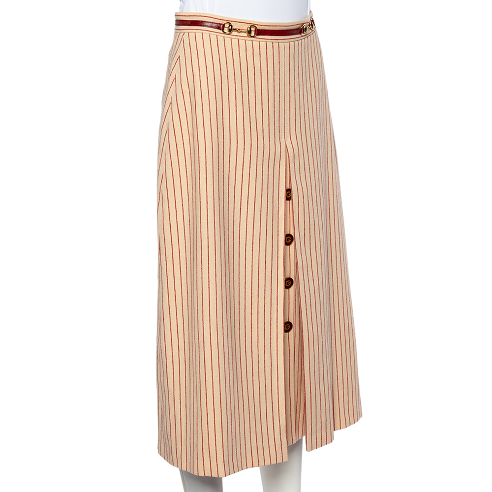 

Gucci Cream Striped Wool Horsebit Detail Midi Skirt