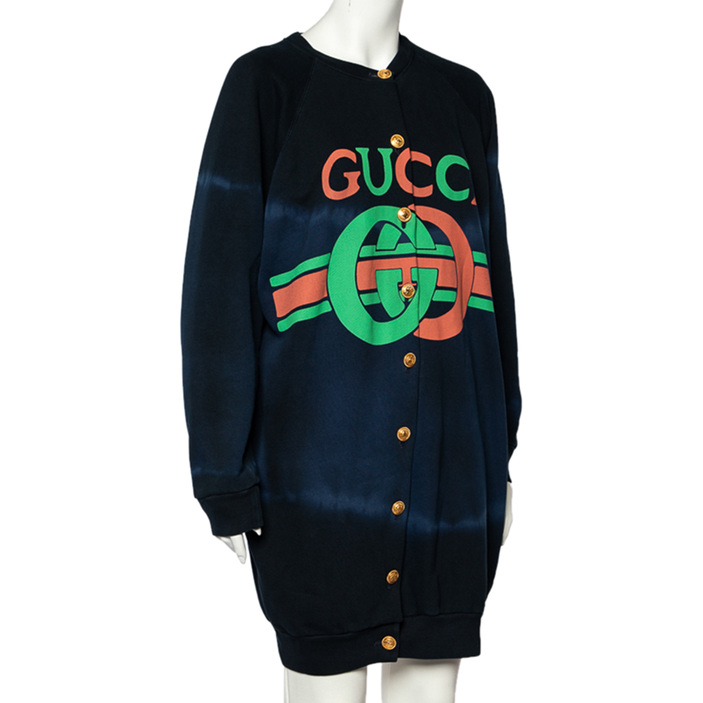 

Gucci Navy Blue Ombre Logo Printed Cotton Oversized Button Front Cardigan