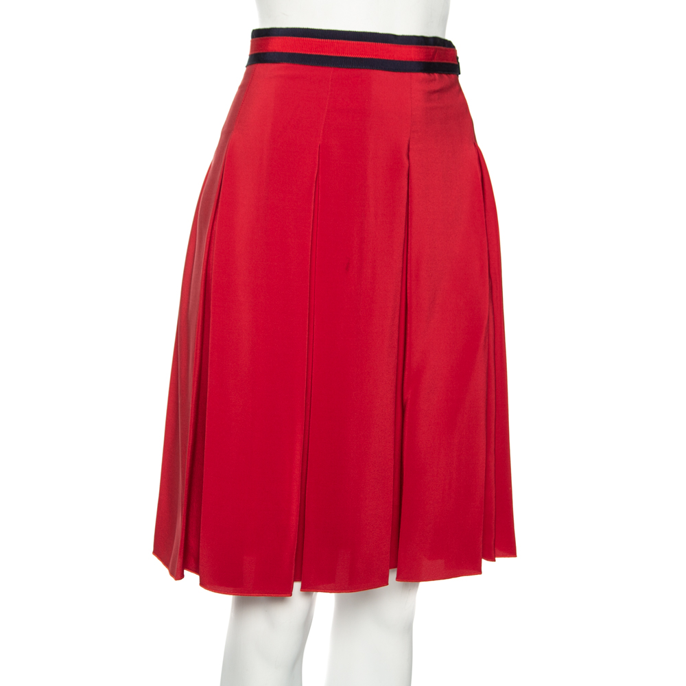 

Gucci Red Silk Web Stripe Detailed Pleated Short Skirt