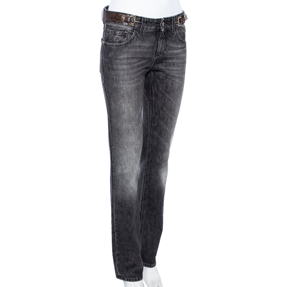 

Gucci Grey Washed Denim Buckled Waist Detail Jeans