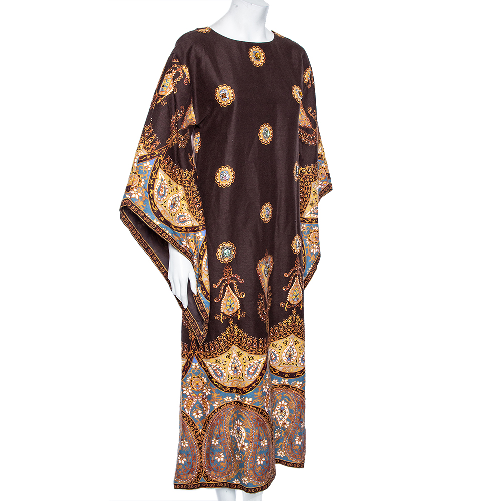 

Gucci Brown Paisley Printed & Embellished Detail Linen Dress