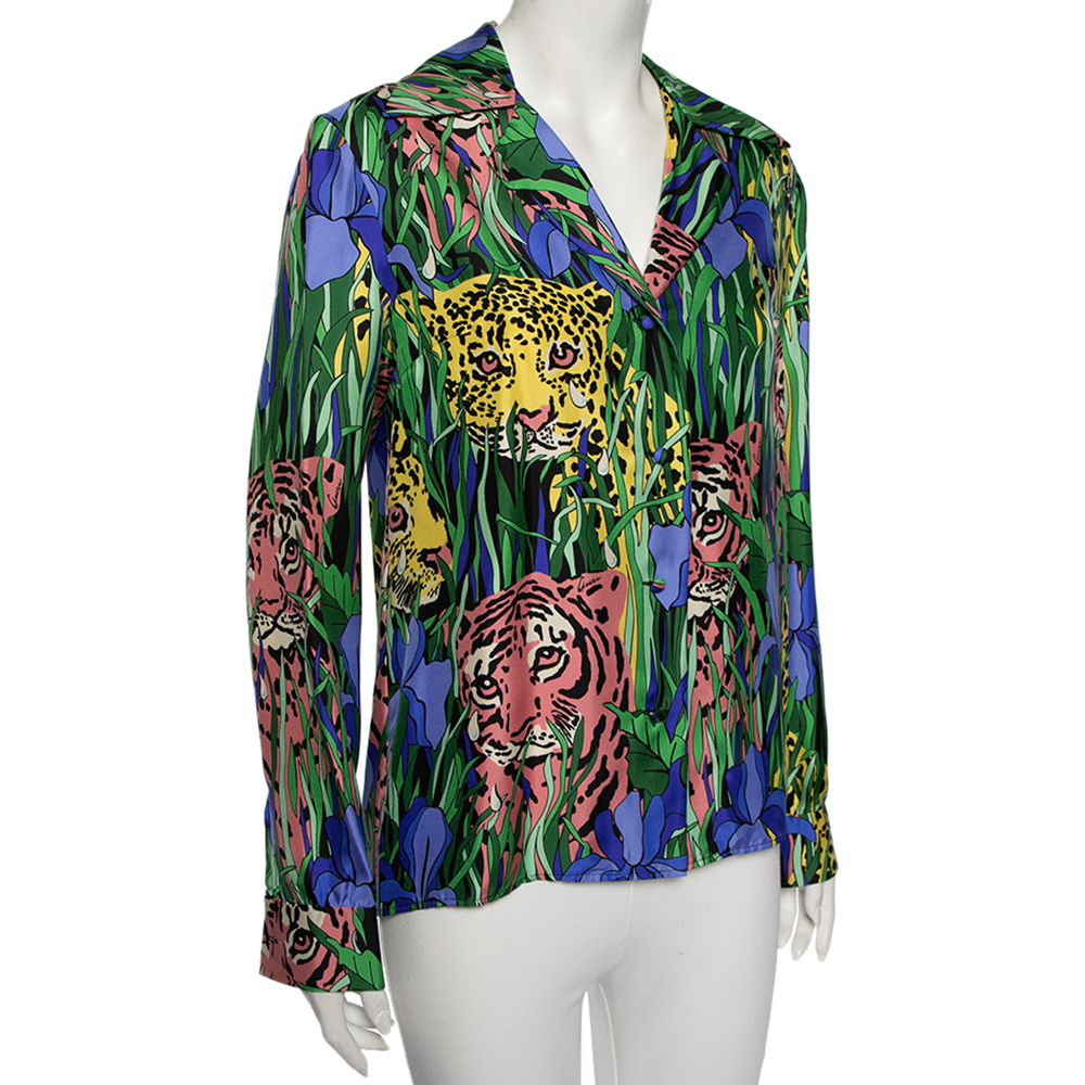 

Gucci Multicolor Feline Garden Printed Silk Notch Collar Shirt