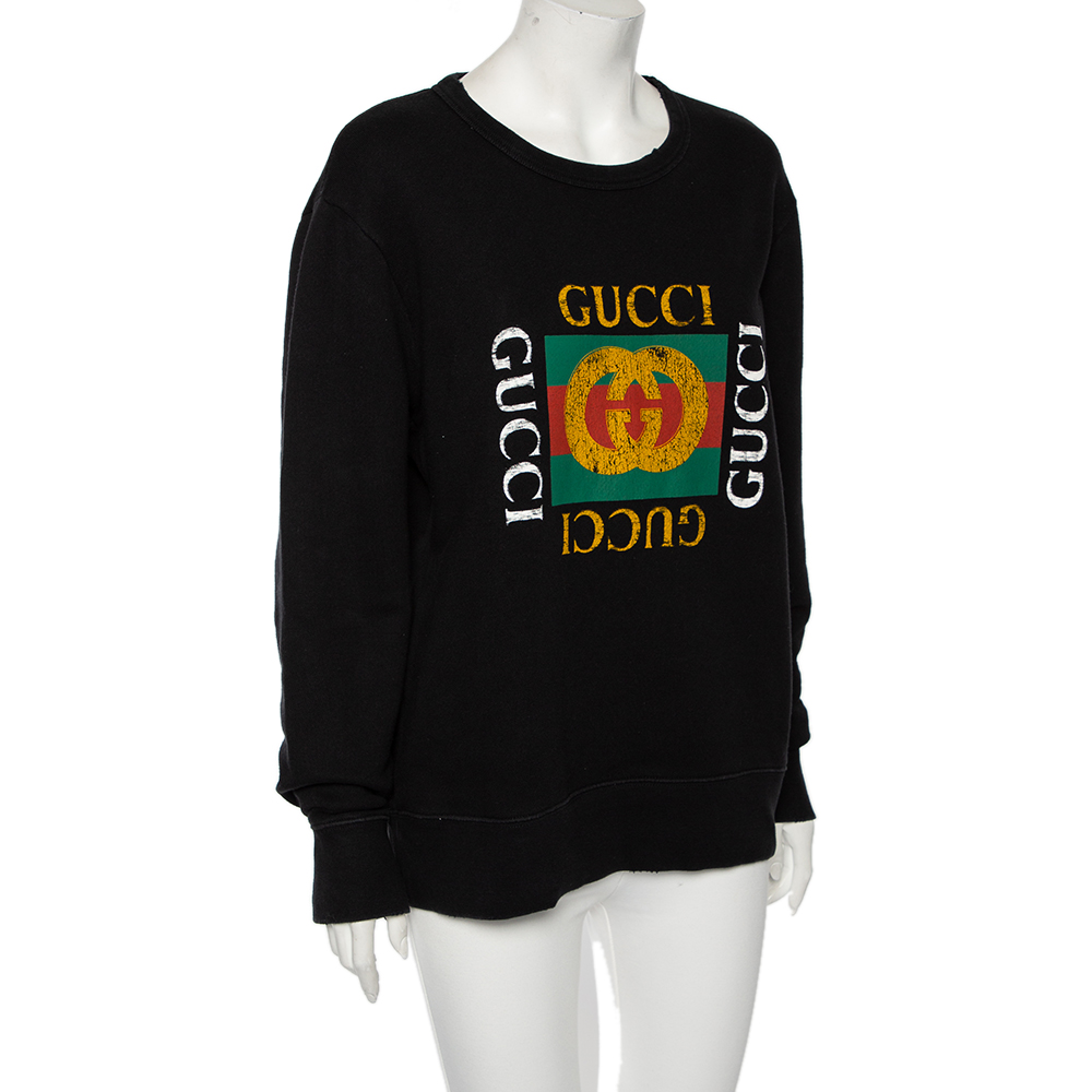 

Gucci Black Distressed Cotton Logo Printed Long Sleeve Sweatshirt
