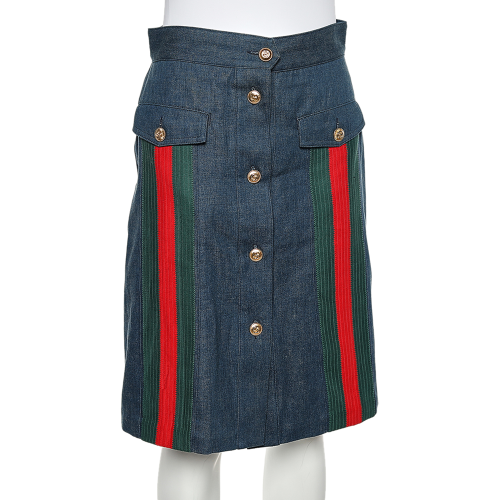 

Gucci Blue Denim Web Stripe Trim Detail A-Line Skirt