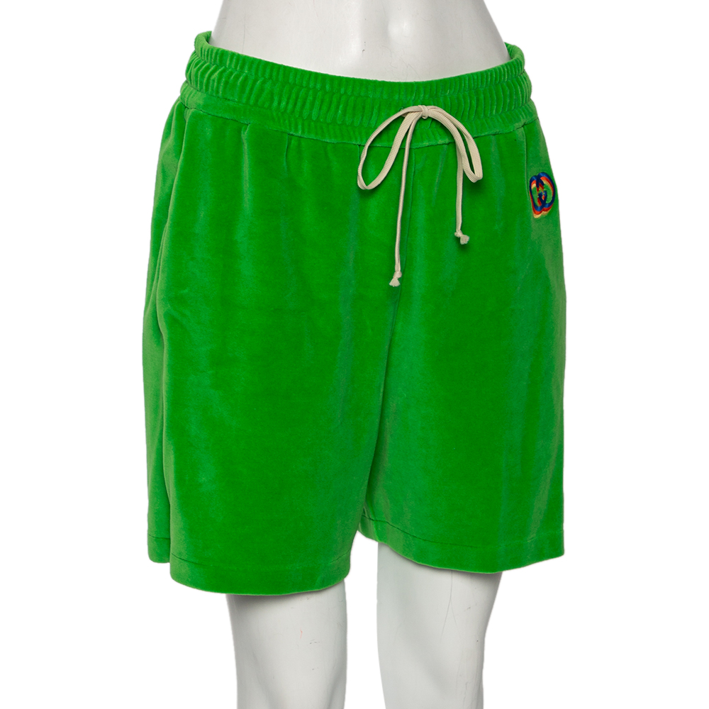 

Gucci Green Velvet Embroidered Logo Detailed Shorts