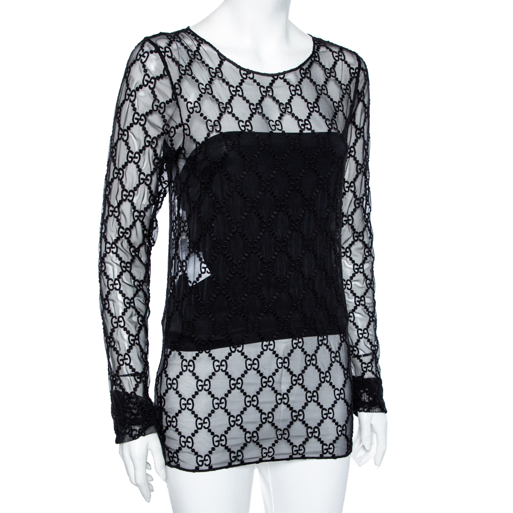 

Gucci Black GG Embroidered Tulle Long Sleeve Top