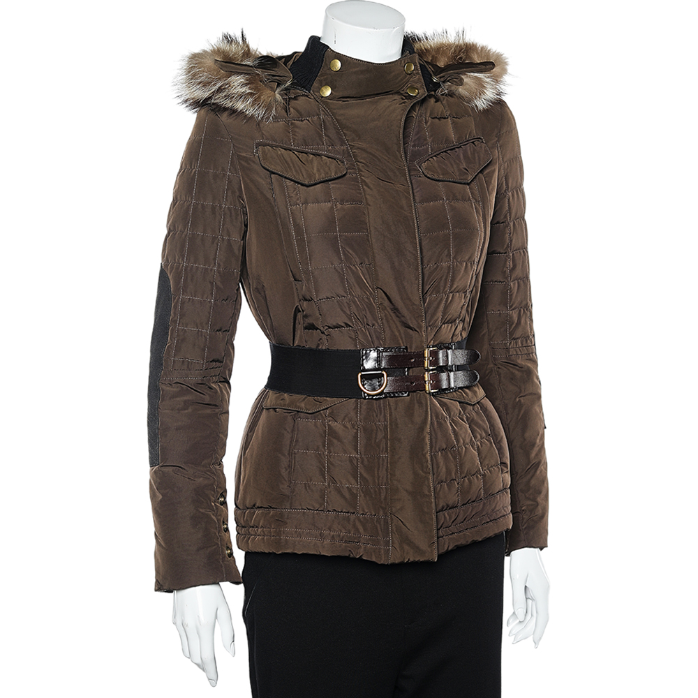 

Gucci Brown Synthetic Quilted Fur Collar Detail Belted Jacket