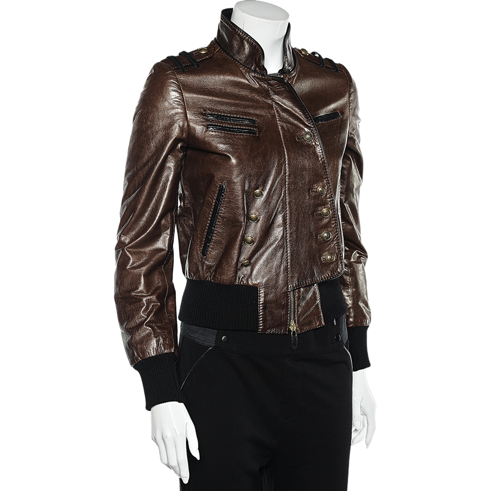 

Gucci Brown Leather Stand Collar Zip Front Jacket